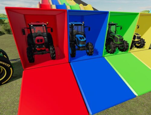 Transport of Colorful Tractors with Brand new Garage Trailer – Test of New Objects on the farm