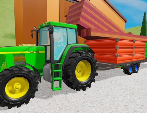 Two Colorful Trailers and Green Cartoon John Deere Tractor – We are building Wooden Shed on the Farm