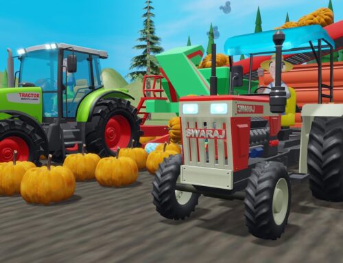 Small Swaraj Tractor with Roof And Field Full of Orange Pumpkins – Harvesting pumpkins for Halloween