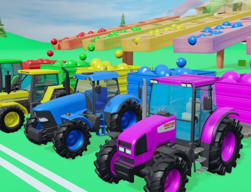 A wooden Garage with colorful Tractors and HABA Slope Falling Balls   Find out what Colors these are