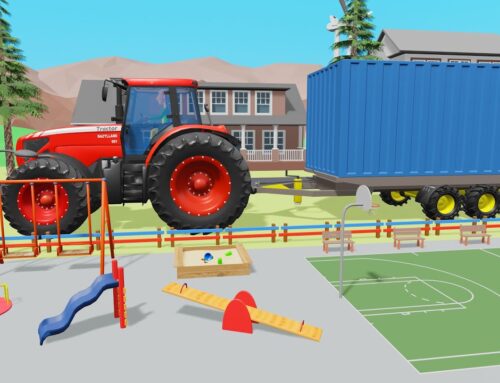 Road Vehicles and Tractors parked in the Colorful Garage – Construction of a playground for Kids