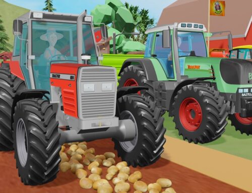 Farm of colorful tractors and a Harvest of ripe young potatoes – New Colorful machines on the Farm